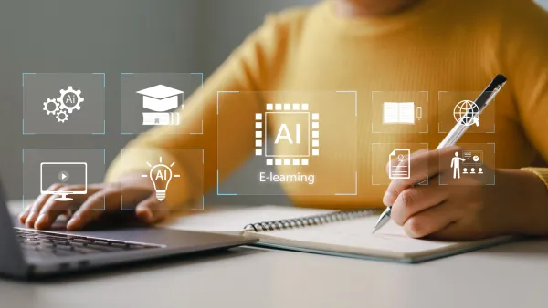 A person working on a laptop surrounded by icons representing AI learning concepts, while holding a pen about to write on a notepad on the other hand..