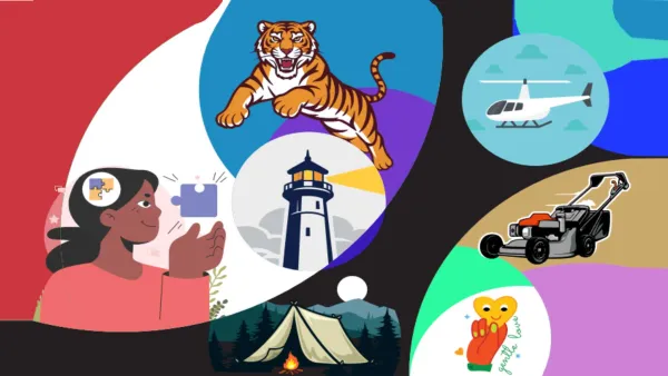 Illustration featuring a woman holding a puzzle piece, a jumping tiger, a helicopter, a lighthouse, a lawnmower, a tent by a campfire, and a heart with the words "gentle love" written in cursive.