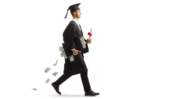Graduate walking as cash falls around him