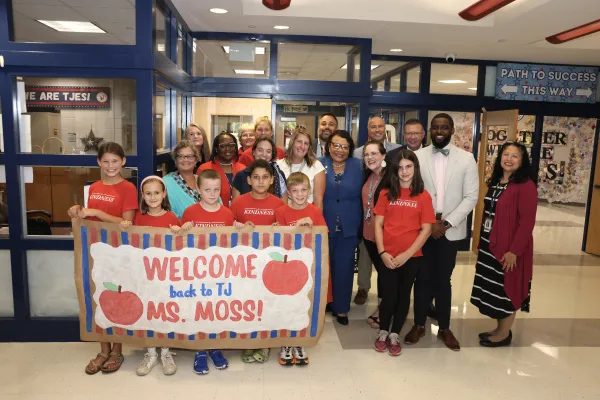 Princess Moss with welcoming students and staff in Louisa County