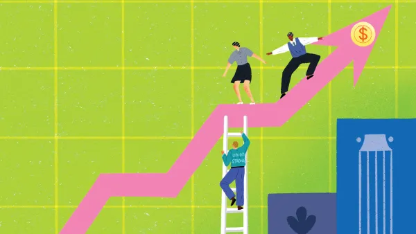 Illustrated pink arrow rising across the screen