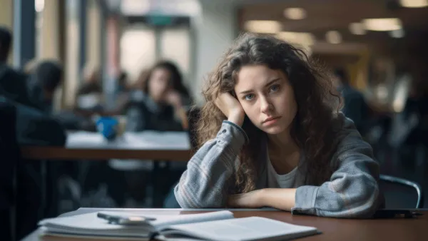 A white teen with brown curly hair looks straight on looking sad 