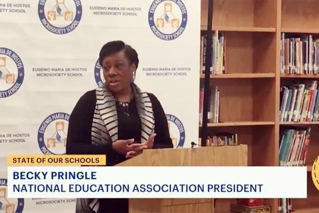 NEA President Becky Pringle speaks at Yonkers, New York school