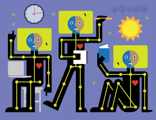 Illustration of 3 people in classroom, teacher and 2 students. One student is working on computer, one is reading.