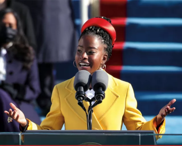 Amanda Gorman delivering her poem at the Biden inauguration