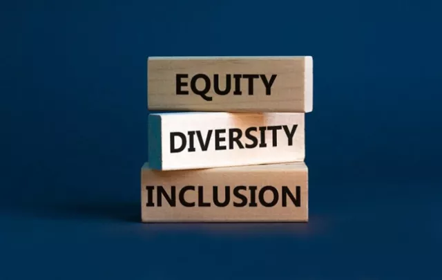 Stacked wooden block reading, "Equity Diversity Inclusion"