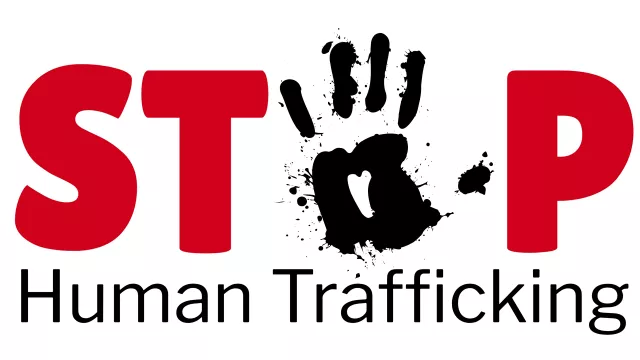 illustration with a print of a hand that says stop human trafficking