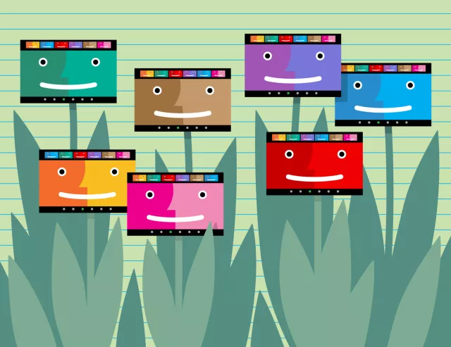 Illustration of tulip leaves with smiling computer screens on their stems