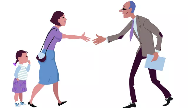 Illustration of parent meeting teacher