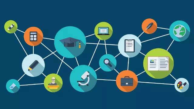 illustration of academic icons like a microscope, book, graduation mortarboard and more, all connected by lines