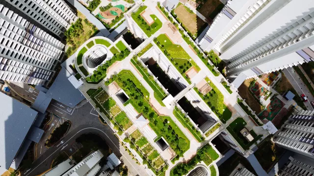 Aerial image of a building with greenery
