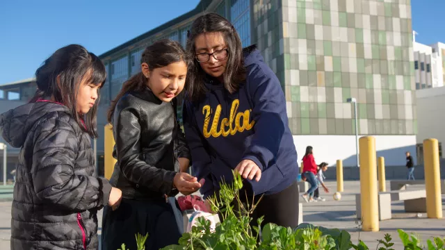 Three students looking over a planter box outside.