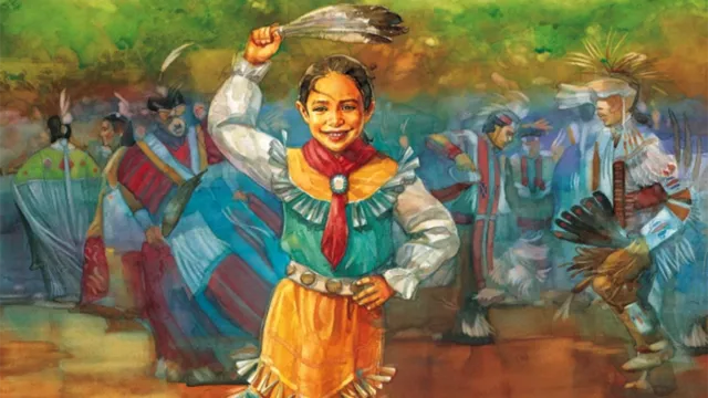 cover art for the book Jingle Dancer featuring a Native American girl dancing in traditional dress