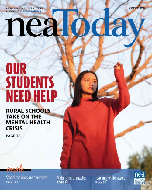 Cover the October 2023 issue of NEA Today magazine features a long high school girl looking into the sunset