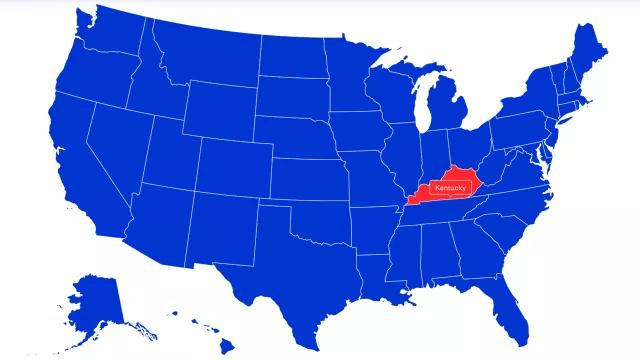 Graphic of US. All states are blue except Kentucky which is red