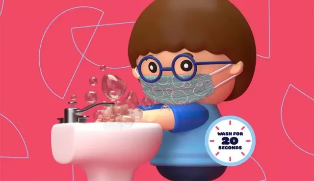 cartoon image of a child with glasses and a mask washing their hands at a sink