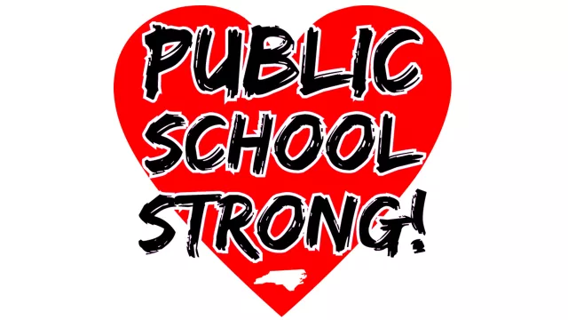 logo of red heart with the words Public School Strong in black written over it