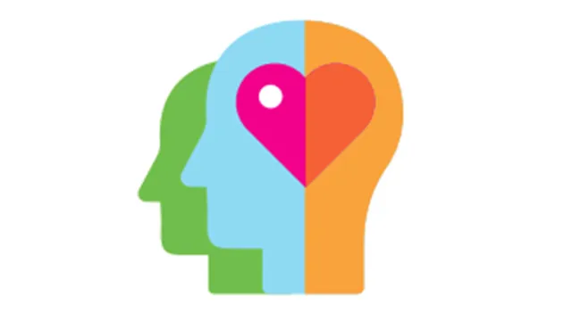graphic silhouette of two overlapping heads, the top one with a heart imposed over the brain area