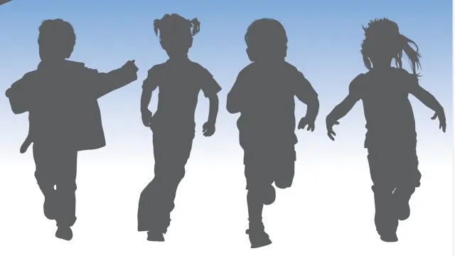 4 elementary students in silhouette on a blue background