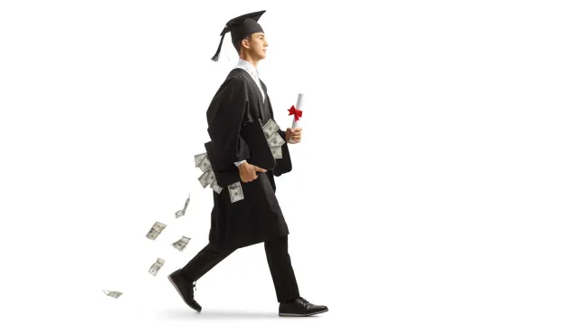Graduate walking as cash falls around him