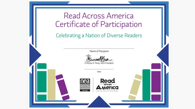 Read Across America Certificate of Participation with graphics of books and blue border
