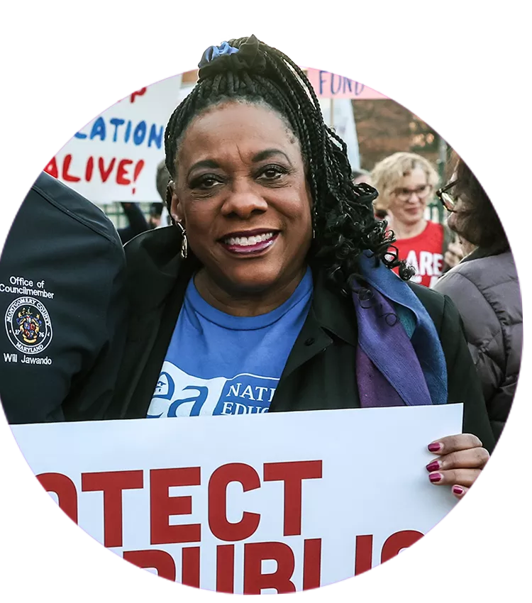 Becky Pringle faces the camera at the Walk in for Public Schools Rally