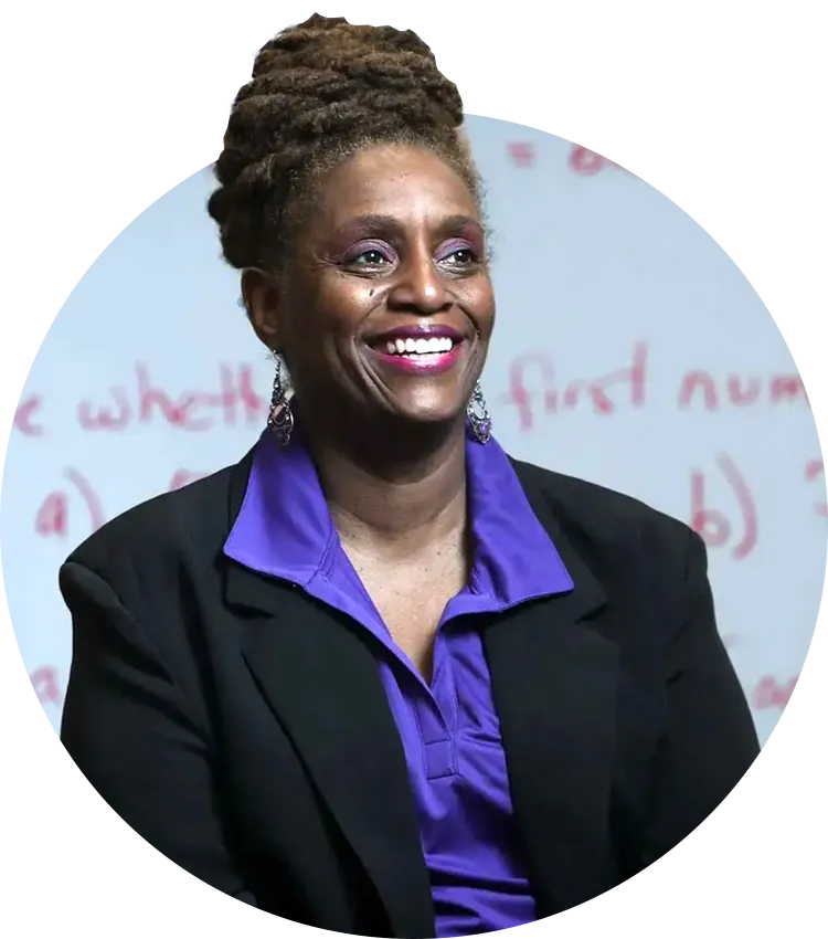 Teresa Hodge in a black blazer in her math classroom