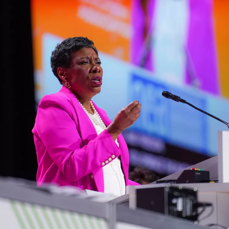 Becky Pringle speaks at the 2023 NEA RA