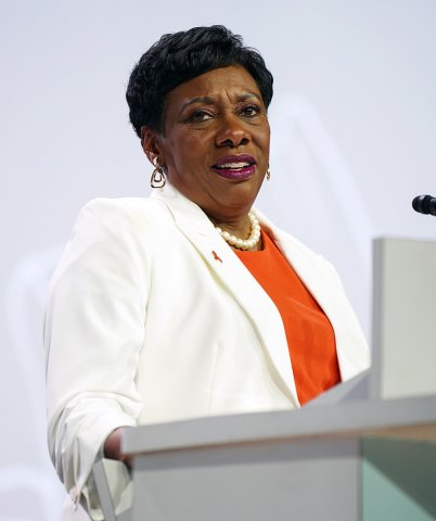 NEA President Becky Pringle at the podium onstage at the 2022 Representative Assembly
