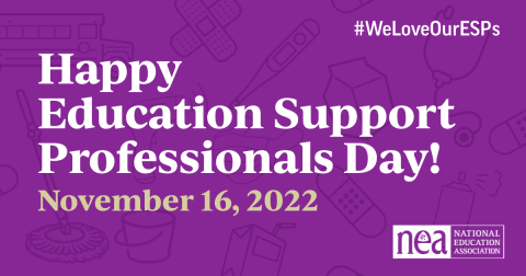 Purple rectangular graphic that reads "Happy Education Support Professionals Day"