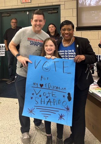 NEA President Becky Pringle with adult and child Shapiro supporters