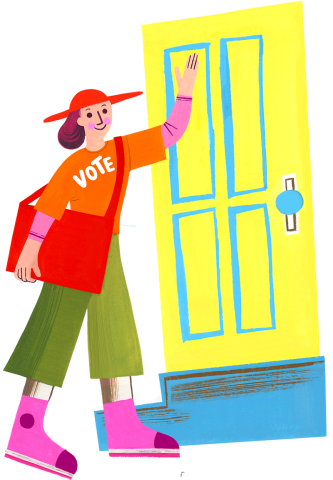 Illustration of a woman wearing a red hat, green pants, pink sneakers, and a shirt that says "Vote" on the front. She is knocking on a yellow door.