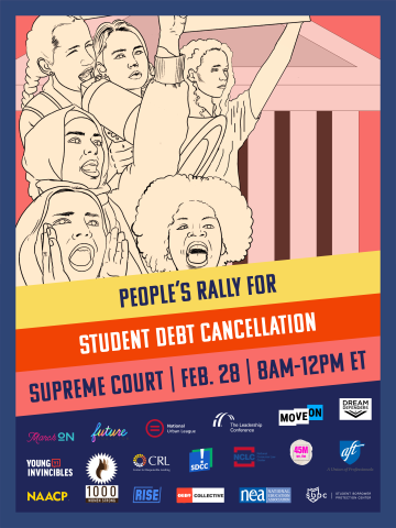 Illustration of people rallying next to the Supreme Court with event information: People's Rally for Student Debt Cancellation at the Supreme Court, February 28 from 8am - 12pm ET.