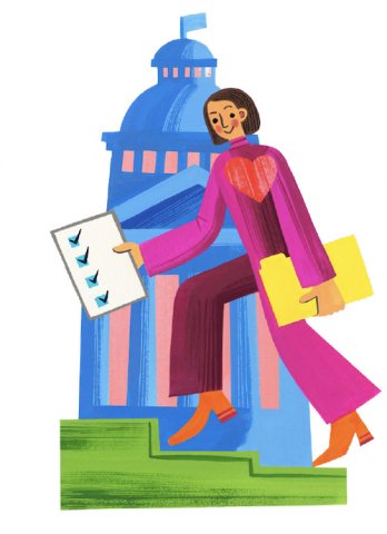 illustration of a woman in front of the capitol, holding a checklist. 