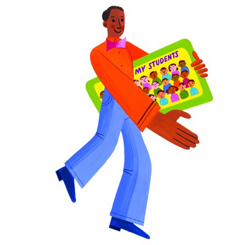 Illustration of a man holding a photo of his class with his hand outstretched