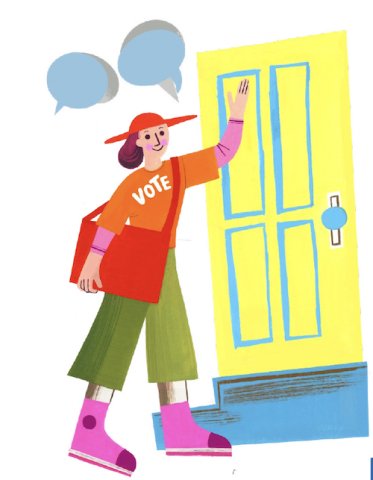 Illustration of a woman knocking on a door with speech bubbles in the air