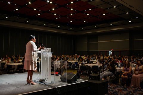 Becky pringle speaking at event
