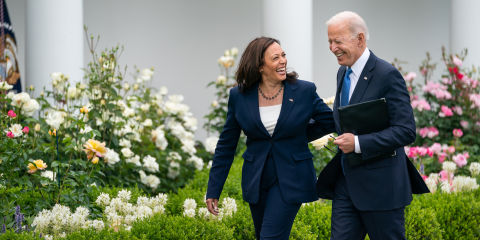 President Joe Biden and Vice President Kamala Harris walk and laugh in the White House Rose Garden