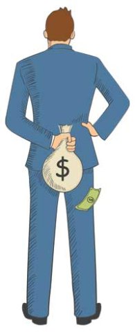 Cartoon male in blue suit hiding a bag of cash behind his back.