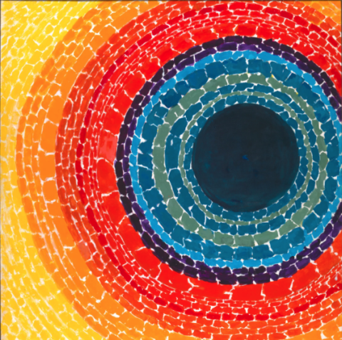 closeup view of artwork by Alma Thomas featuring multicolored circles