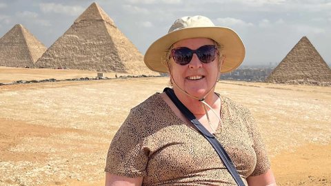 Anne Cancelmo at the Pyramids of Giza, in Egypt.