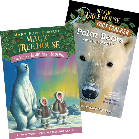 Covers of two Magic Tree House books, Polar Bears Past Bedtime and Fact Tracker Polar Bears and the Arctic
