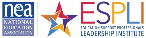 NEA-National Education Association logo in a blue box next to a colorful star with pink, orange, yellow, blue, and purple spokes, and text that says ESP Leadership Institute