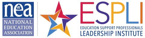 NEA-National Education Association logo in a blue box next to a colorful star with pink, orange, yellow, blue, and purple spokes, and text that says ESP Leadership Institute