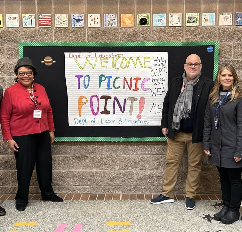 NEA Vice President Princess Moss visits Picnic Point Elementary in Mulkiteo with WEA President Larry Delaney and Walla Walla, WA,Resident  Michelle Scarborough.