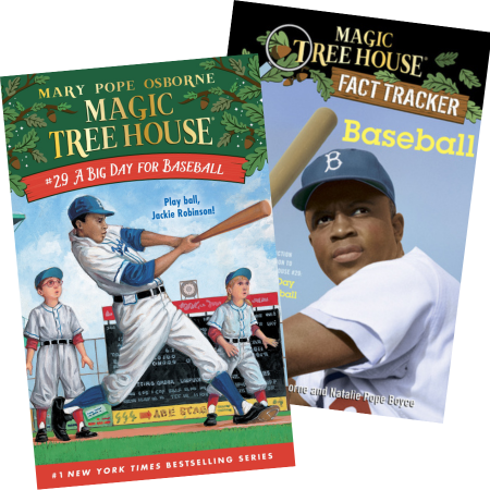 Covers of two magic tree house books on baseball
