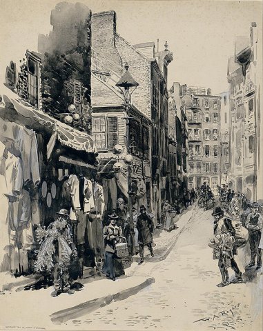 Illustration of Boston street showing peddlars, women carrying baskets, and men walking on the sidewalks and in street