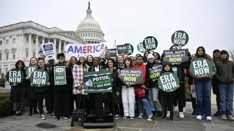 U.S. Representative Cori Bush along with other U.S. lawmakers and advocates hold a press conference outside the Capitol Hill building to urge U.S. President Joe Biden to certify the Equal Rights Amendment