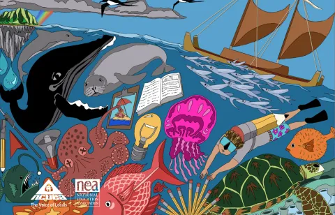 NCUEA logo in front of illustration of a beach