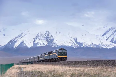 Train with the Himalayan Mountains in the background.